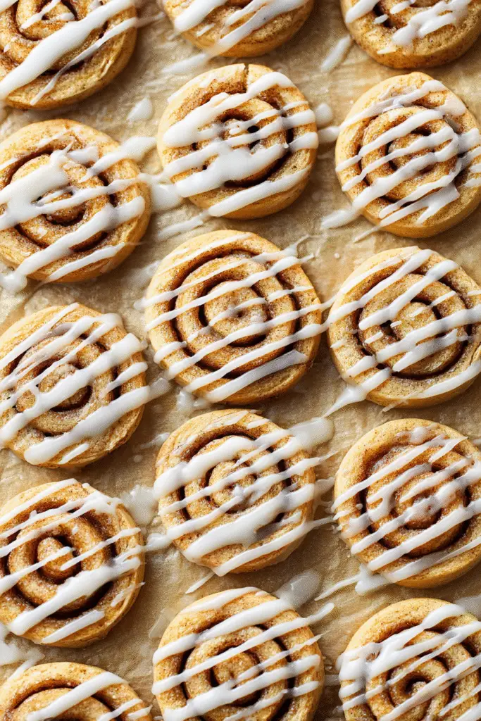 Freshly baked cinnamon roll cookies topped with sweet vanilla glaze, golden and warm on parchment paper.