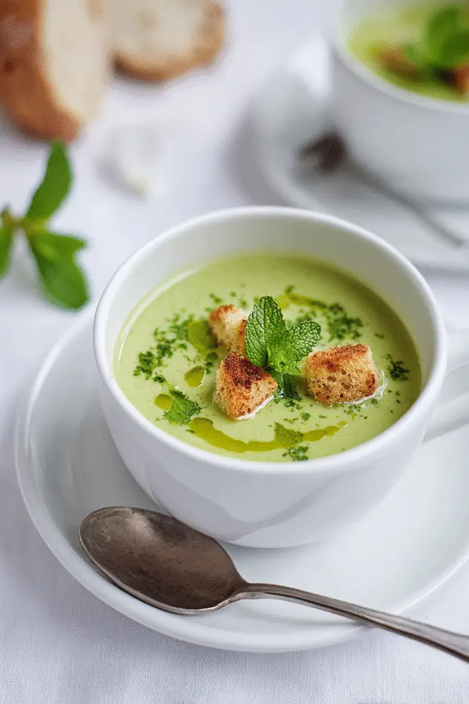 Smooth green goddess herb soup topped with mint leaves, croutons, and a drizzle of olive oil for a fresh finish