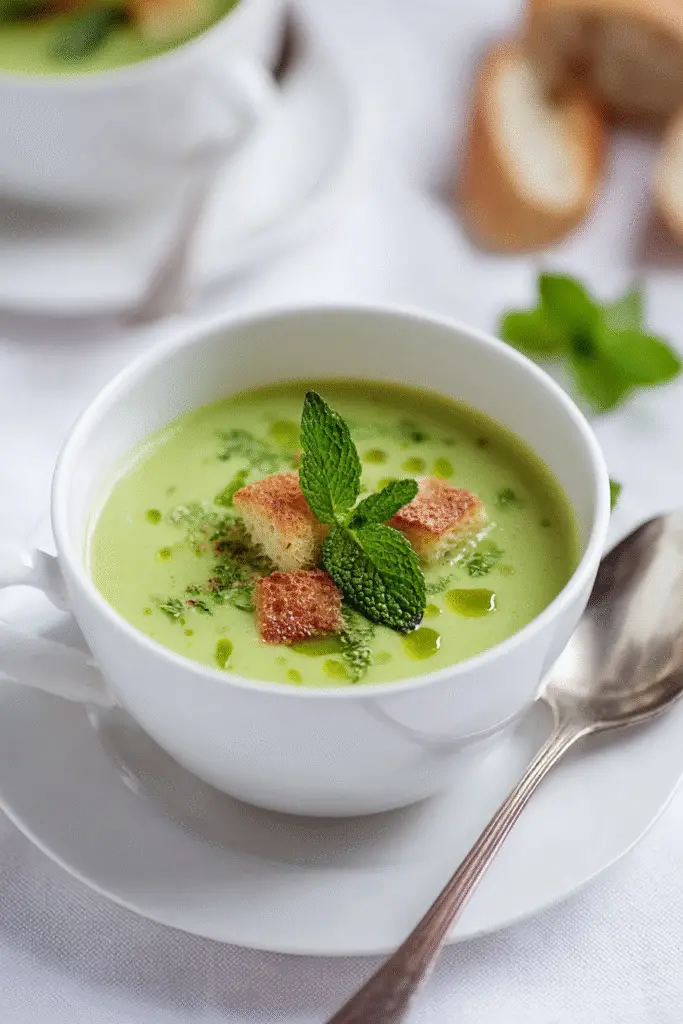 Creamy green goddess herb soup topped with fresh mint leaves, golden croutons, and a drizzle of herb oil