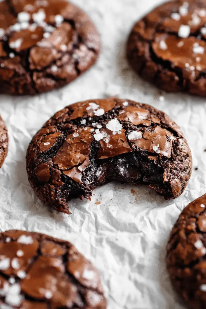 Fudgy chewy brookies with a shiny crackly top, rich chocolate center, and a sprinkle of sea salt for extra flavor.