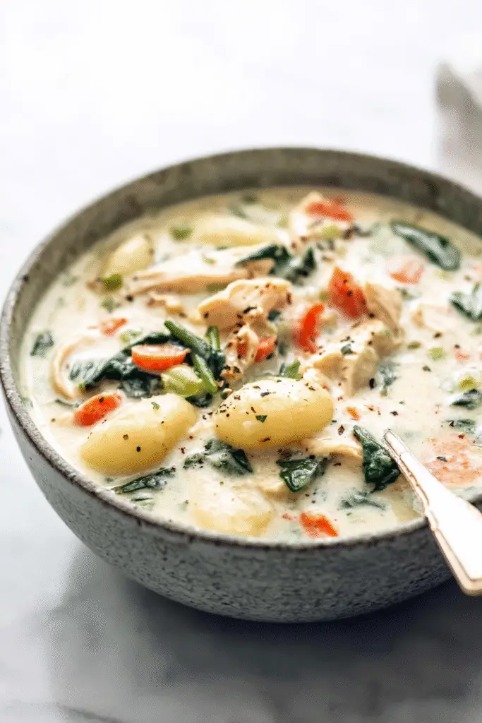 Creamy chicken and gnocchi soup with carrots, spinach, and tender chicken pieces in a cozy, flavorful broth
