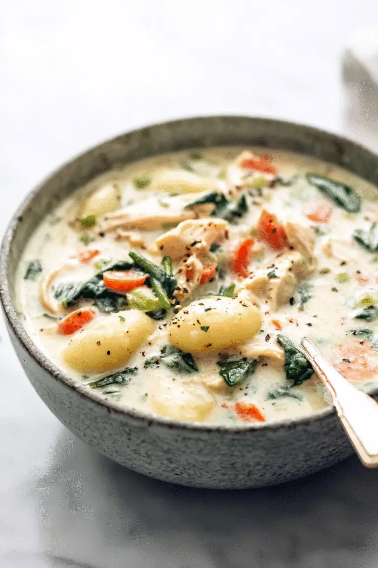 Creamy chicken and gnocchi soup with carrots, spinach, and tender chicken pieces in a cozy, flavorful broth