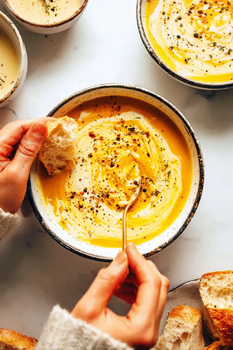 Creamy roasted vegetable soup swirled with golden broth and spices, served with warm bread on a white table.