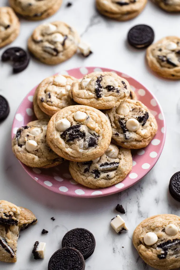 Soft cookies and cream cookies with Oreo chunks and white chocolate chips on a pink plate for a sweet homemade treat