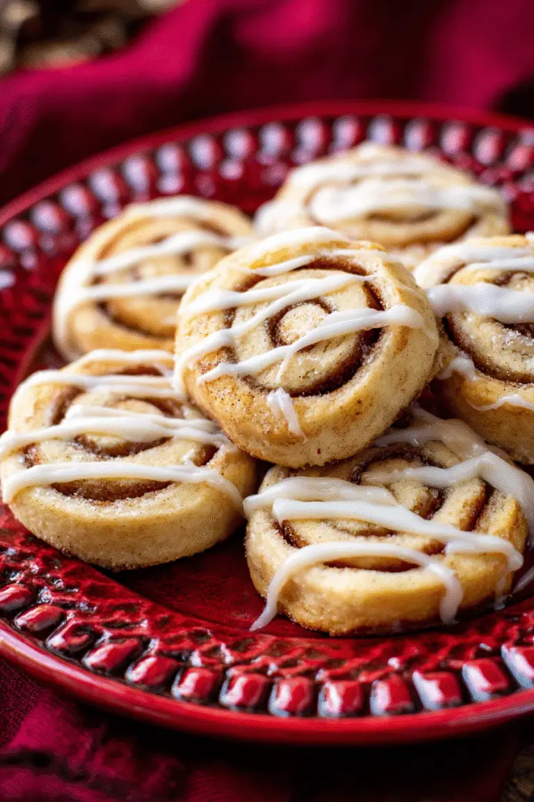 Warm cinnamon roll cookies topped with vanilla glaze served on a red plate, perfect for cozy mornings.
