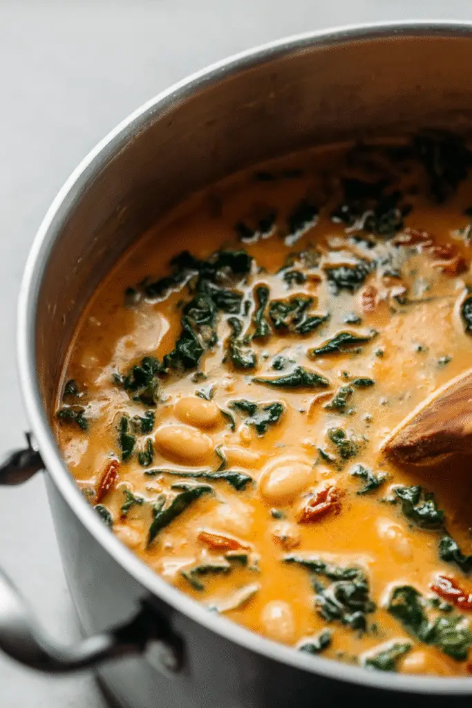 Creamy butter bean soup with kale and sun-dried tomatoes simmering in a rich, golden broth in a stainless steel pot.