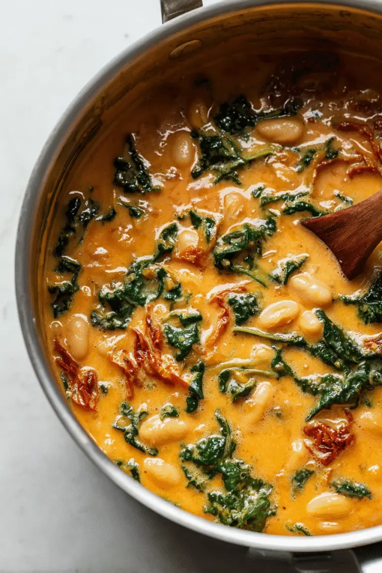 Creamy butter bean soup simmering in a pot with kale and sun-dried tomatoes in a thick golden broth, ready to serve.