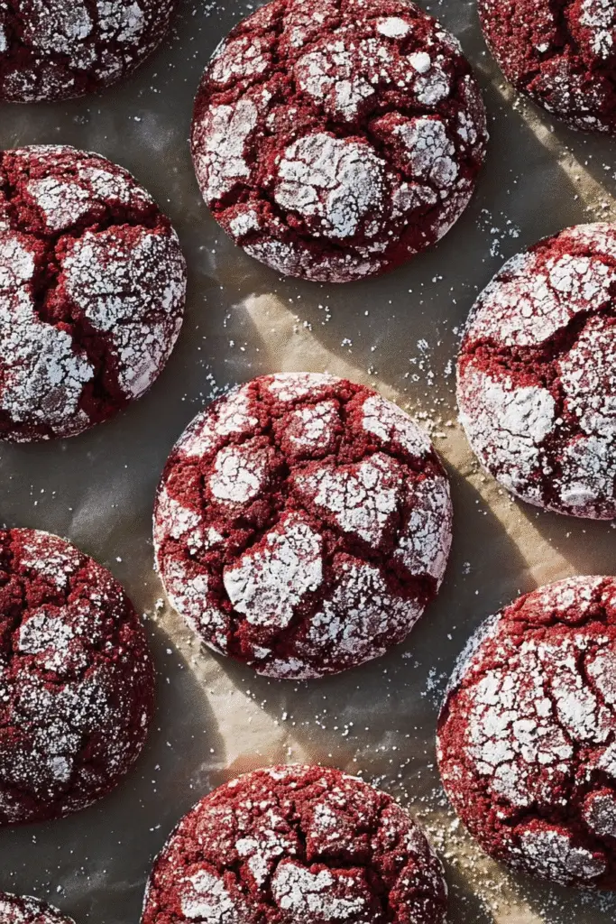 Freshly baked red velvet crinkle cookies coated with powdered sugar and baked until soft with crackled tops