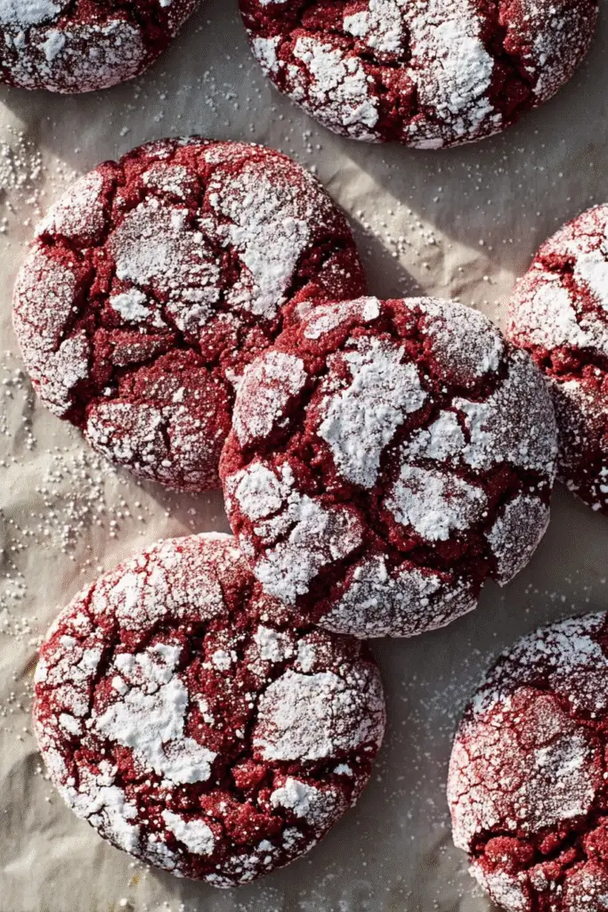 Soft red velvet crinkle cookies dusted with powdered sugar and baked until rich, chewy, and perfectly crackled