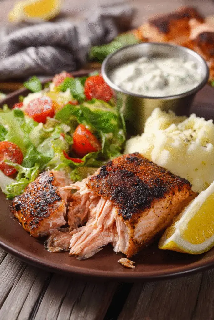 Flaky baked salmon seasoned Texas Roadhouse style, served with mashed potatoes, fresh salad, and creamy dressing