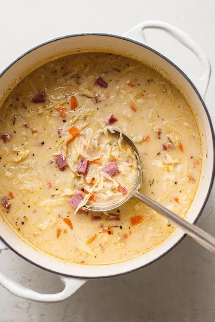 Creamy Mexican corn soup with diced ham, carrots, and shredded cabbage in a white pot with a ladle