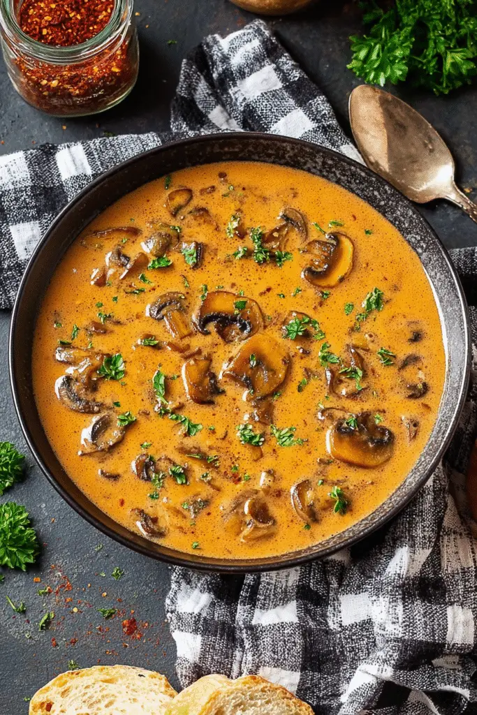 Creamy Hungarian mushroom soup with fresh parsley and paprika in a rustic bowl on a dark table, cozy homemade meal.
