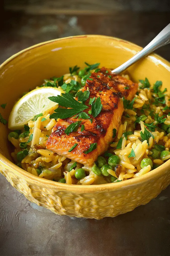 Seared Mediterranean salmon served with lemon orzo and peas in a yellow bowl, topped with parsley and lemon wedge