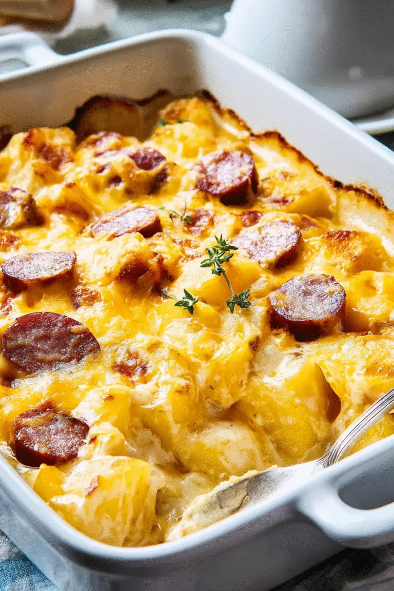 Creamy baked ranch potatoes with smoked sausage and melted cheddar cheese, served golden and bubbly in a casserole dish
