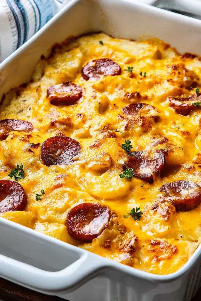 Golden cheesy ranch potatoes baked with smoked sausage in a creamy, melted cheddar sauce for a cozy dinner favorite