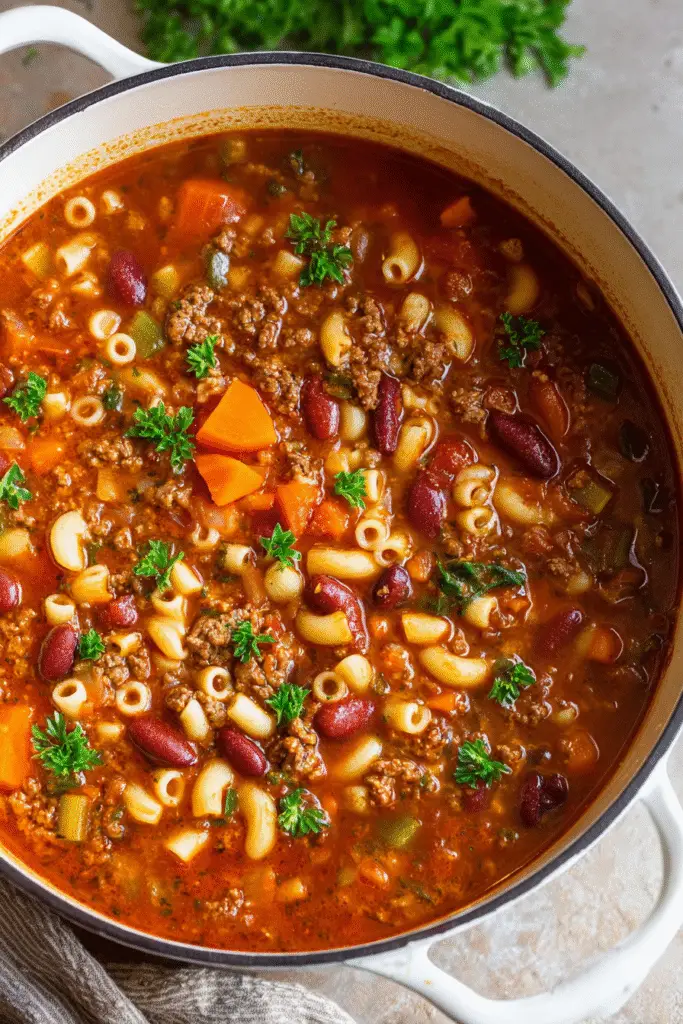 Hearty pasta fagioli soup with ground beef, beans, carrots, and pasta in a rich tomato broth, garnished with parsley.