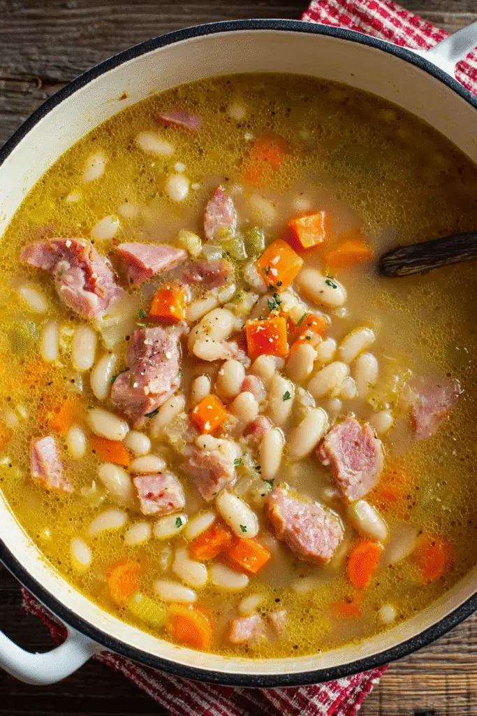 Hearty hot ham soup with tender beans, carrots, and celery in a rich savory broth served warm in a Dutch oven