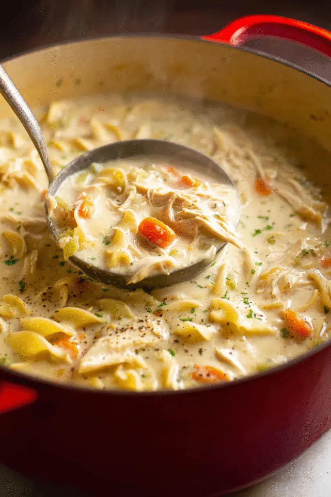 Creamy chicken noodle soup simmering in a red pot with carrots, celery, and noodles for a warm, hearty homemade meal