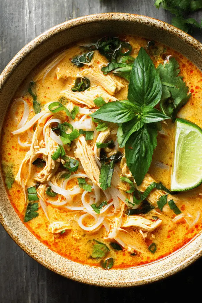 Thai chicken soup with shredded chicken, rice noodles, coconut broth, basil leaves, and a fresh lime wedge.