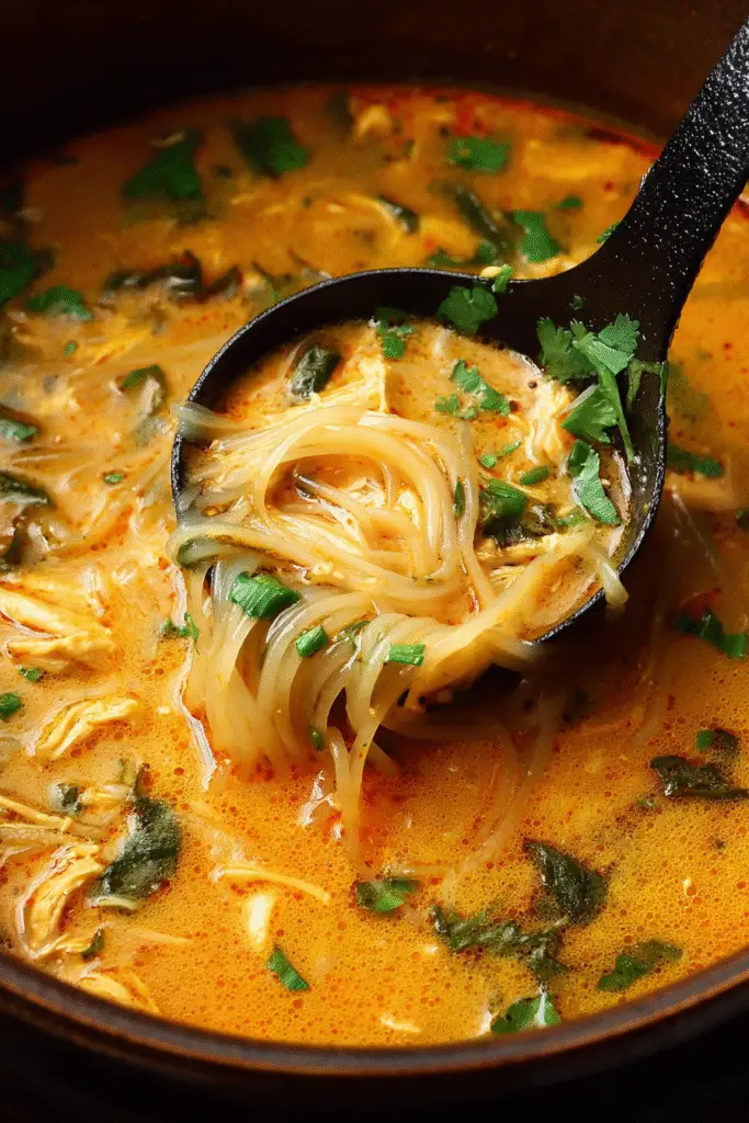 Creamy Thai chicken soup with noodles, herbs, and coconut broth in a ladle, showing rich golden color and fresh garnish.
