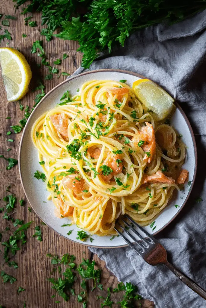 Smoked salmon carbonara pasta with creamy sauce, lemon wedges, and fresh parsley on a rustic wooden surface.