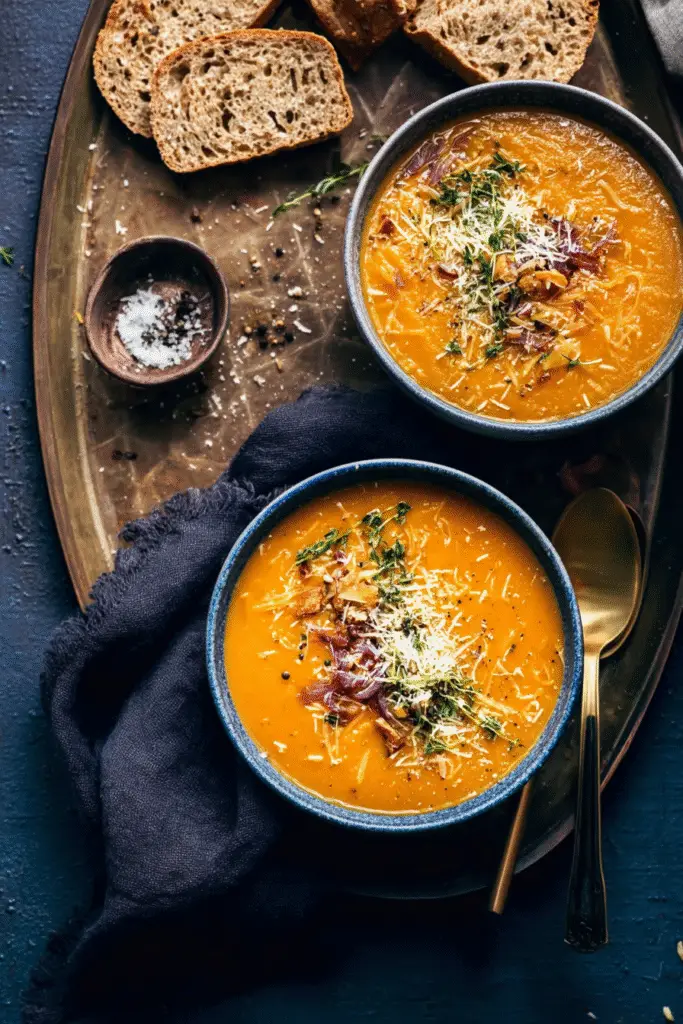 Two bowls of creamy roasted vegetable soup topped with herbs and parmesan, served with slices of rustic bread on a tray.
