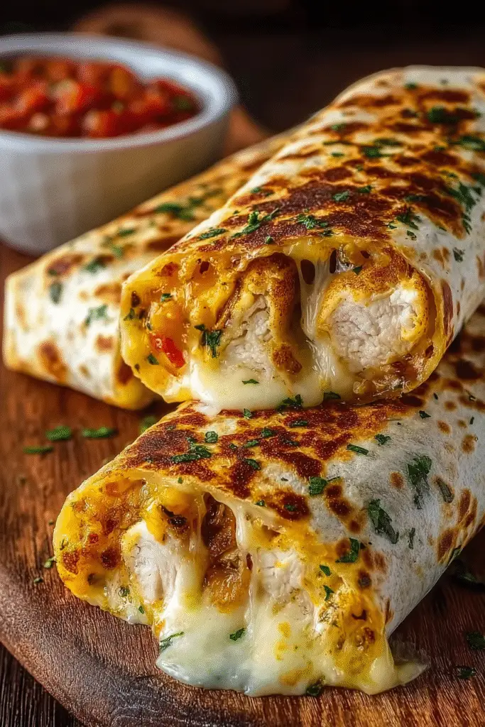 Cheesy garlic chicken wraps filled with tender chicken, melted cheese, and herbs, served warm and golden brown.