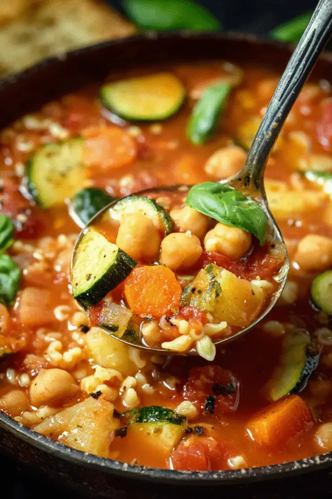 Spoonful of longevity soup with chickpeas, carrots, zucchini, and basil in a hearty tomato broth