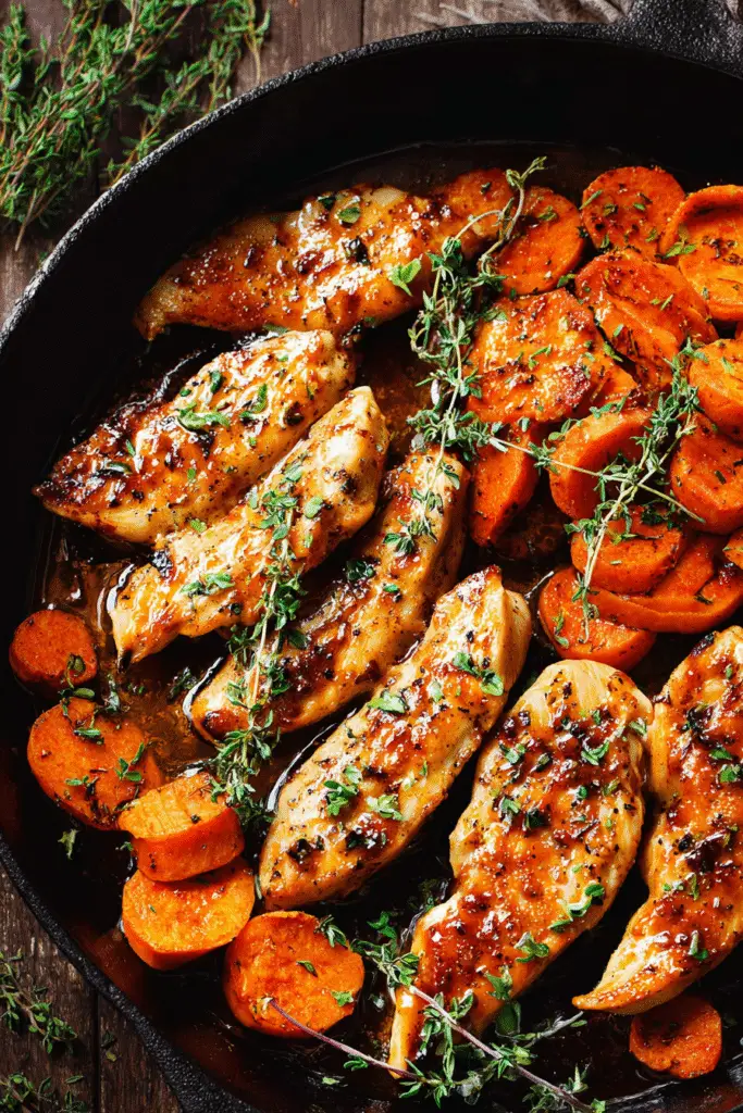 Golden maple-glazed chicken with roasted sweet potatoes in a skillet, topped with fresh herbs and a glossy sauce.