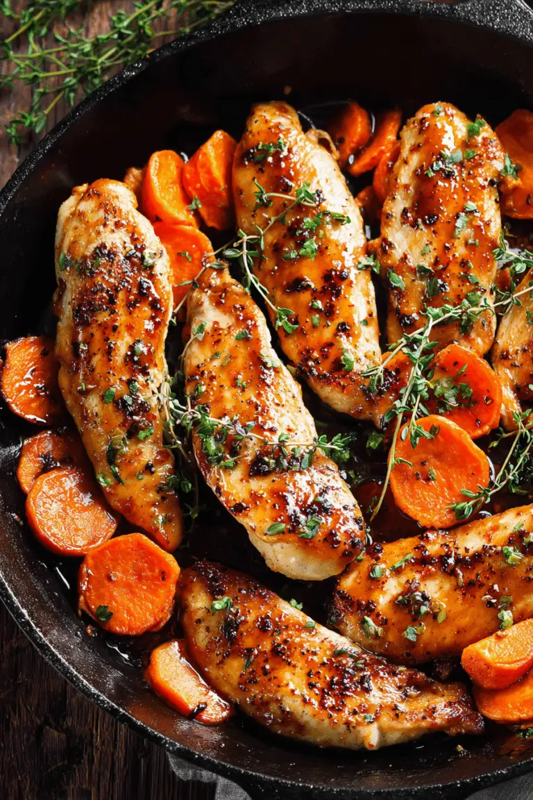 Maple-glazed chicken with roasted sweet potatoes in a skillet, coated in a golden glaze and sprinkled with thyme.