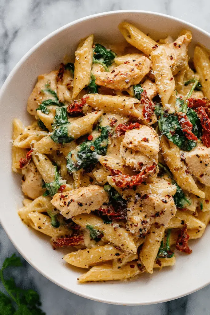 Bowl of creamy marry me chicken pasta with penne, sun-dried tomatoes, spinach, and tender chicken in rich sauce