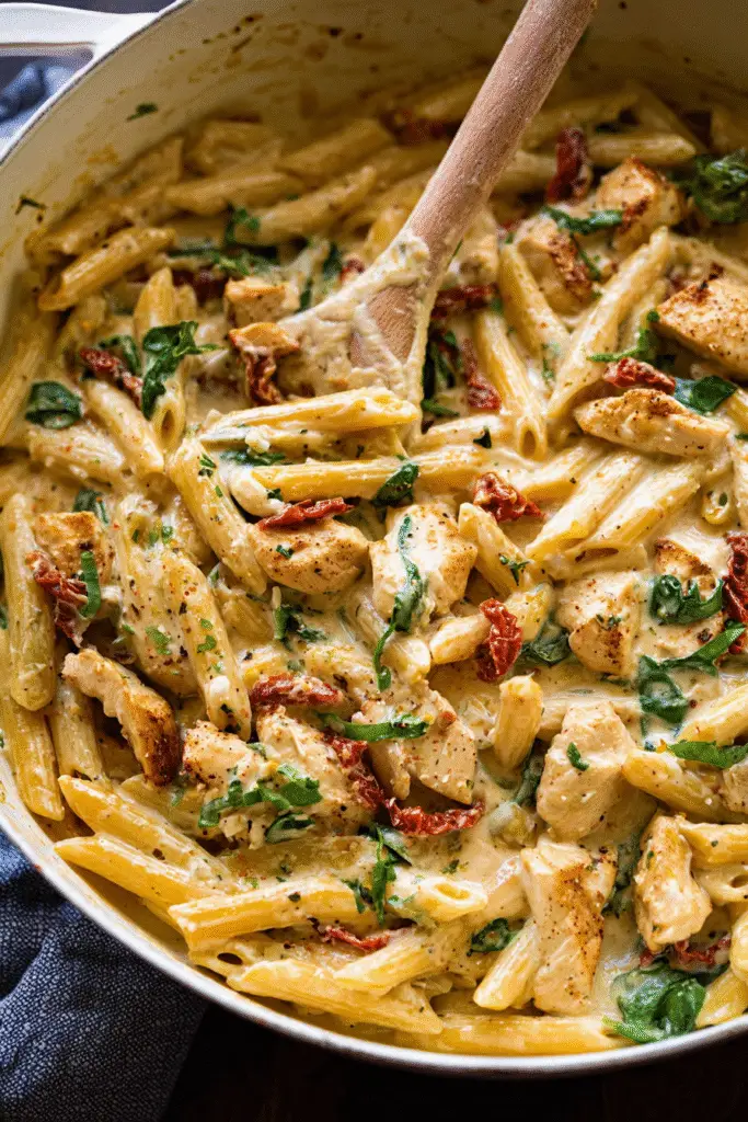 Creamy marry me chicken pasta with tender chicken, penne, sun-dried tomatoes, and spinach in a rich garlic sauce