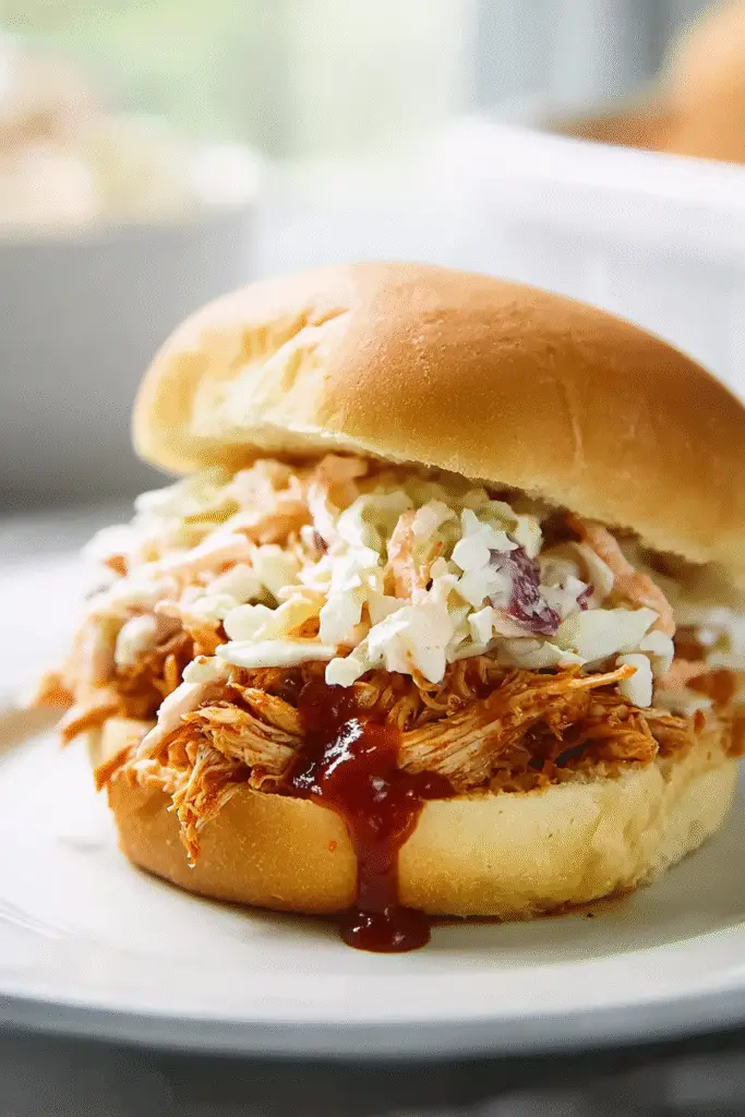 Pulled chicken sandwich topped with creamy coleslaw and barbecue sauce on a soft bun, served on a white plate