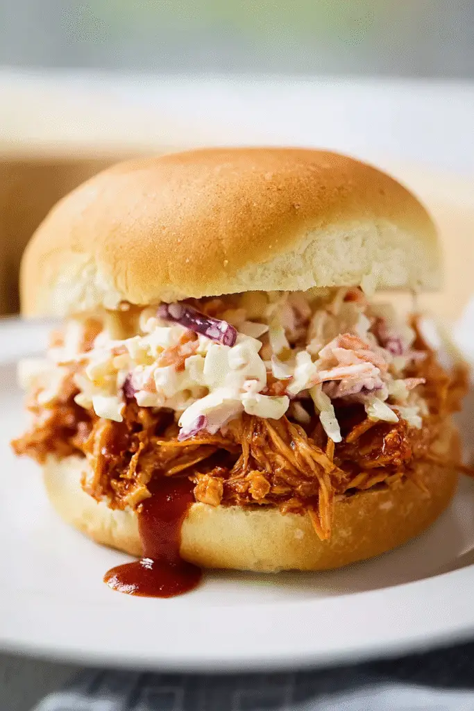 Pulled chicken sandwich topped with creamy coleslaw and barbecue sauce on a soft golden bun served on a white plate