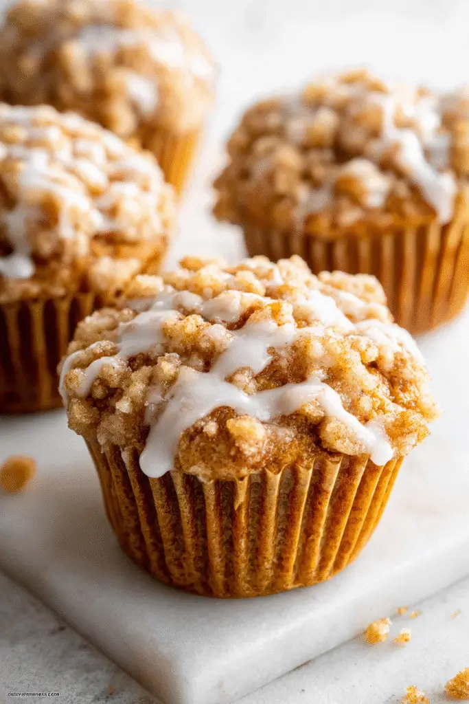 Soft pumpkin coffee cake muffins with cinnamon crumble topping and sweet vanilla glaze on a marble surface