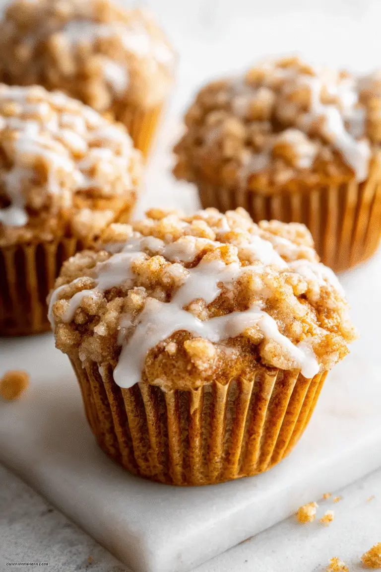 Soft pumpkin coffee cake muffins with cinnamon crumble topping and sweet vanilla glaze on a marble surface