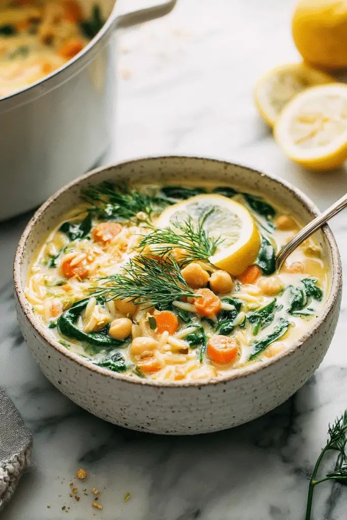Creamy vegan orzo lemon soup with chickpeas, carrots, spinach, and fresh dill served in a rustic bowl with lemon garnish