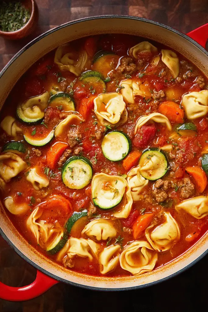 Hearty autumn tortellini soup with sausage, zucchini, carrots, and tomatoes simmering in a rich savory broth