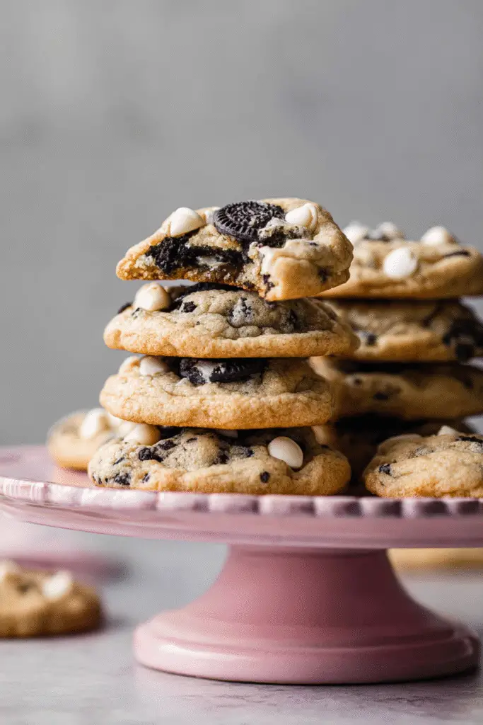 Stack of soft cookies and cream cookies with Oreo chunks and white chocolate chips on a pink cake stand
