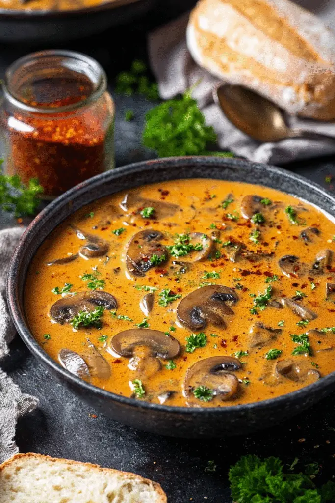 Creamy Hungarian mushroom soup with paprika, mushrooms, and parsley in a dark bowl on a rustic table with bread.