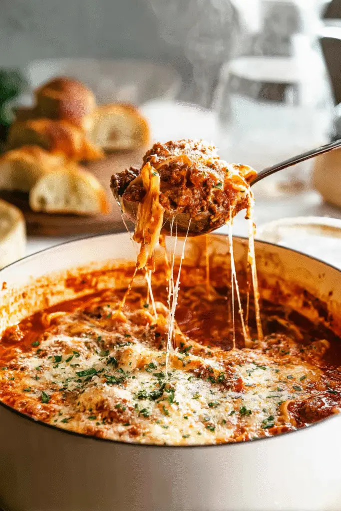 Cheesy lasagna soup with ground beef and bow tie pasta lifted with a ladle from a pot, topped with melted mozzarella.