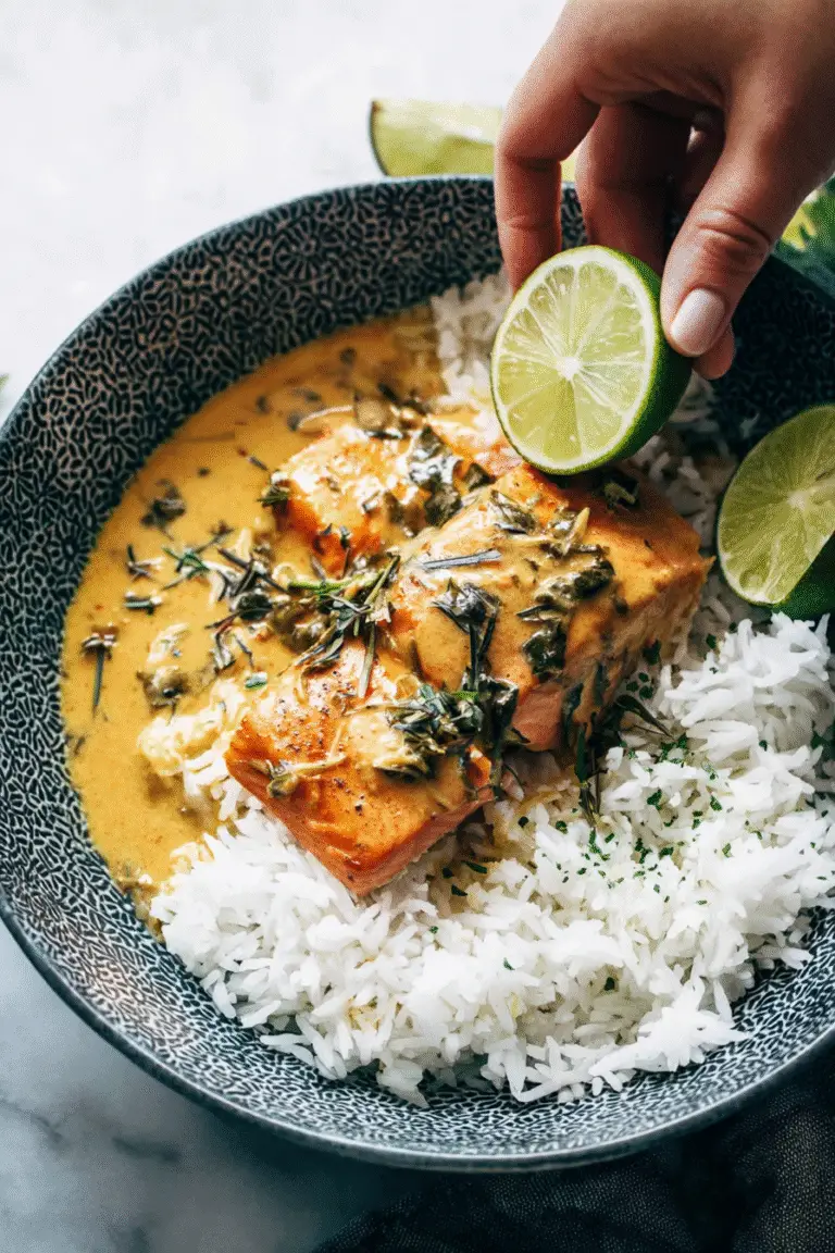 Creamy salmon coconut curry served over white rice with fresh herbs and a squeeze of lime for rich tropical flavor