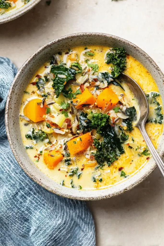 Creamy wild rice soup with kale, carrots, celery, and butternut squash served in a rustic bowl on a light surface.