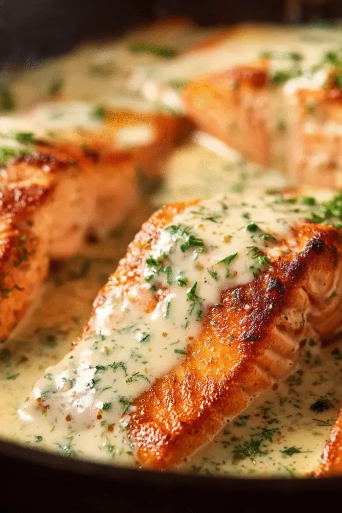 Pan-seared salmon fillets coated in creamy garlic sauce with herbs for a rich, flavorful dinner idea.