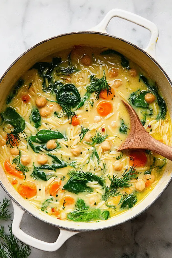 Creamy vegan orzo lemon soup with chickpeas, carrots, and spinach simmered in a cozy broth topped with fresh dill