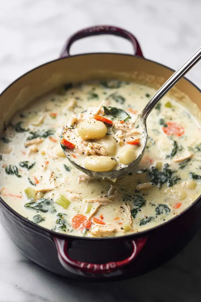 Creamy chicken and gnocchi soup simmering in a Dutch oven with carrots, spinach, and tender gnocchi pieces