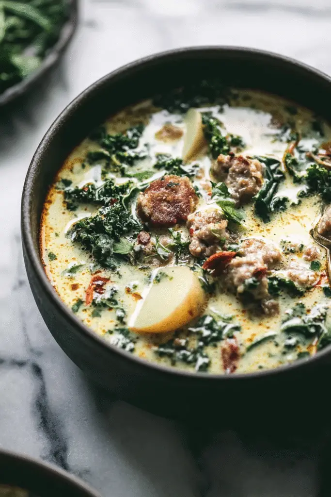 Creamy Tuscany soup with sausage, kale, and potato chunks in a rich broth, served warm in a rustic dark bowl.