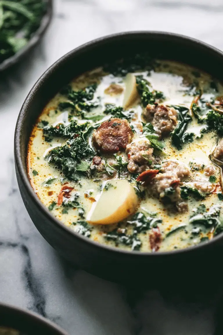 Creamy Tuscany soup with sausage, kale, and potato chunks in a rich broth, served warm in a rustic dark bowl.