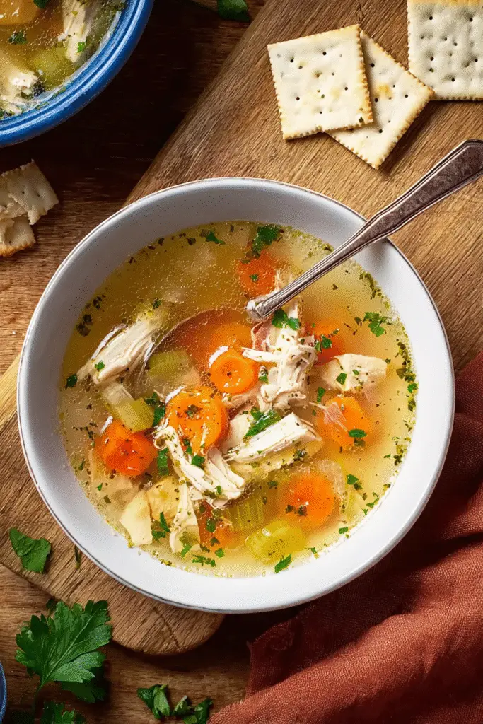 Homemade chicken soup with carrots, celery, and herbs served in a white bowl with crackers on a wooden board.
