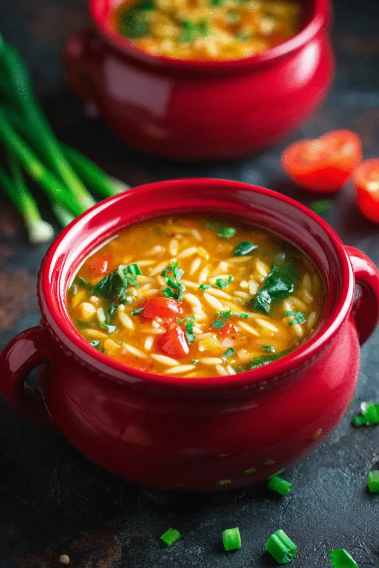 Hearty vegetable orzo soup with tomatoes, spinach, and herbs served in a red bowl for a cozy homemade dinner